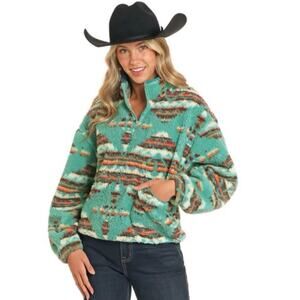 NWT Rock & Roll Denim Ladies Aztec Print Teal 1/4 Zip Sherpa Pullover Size Large